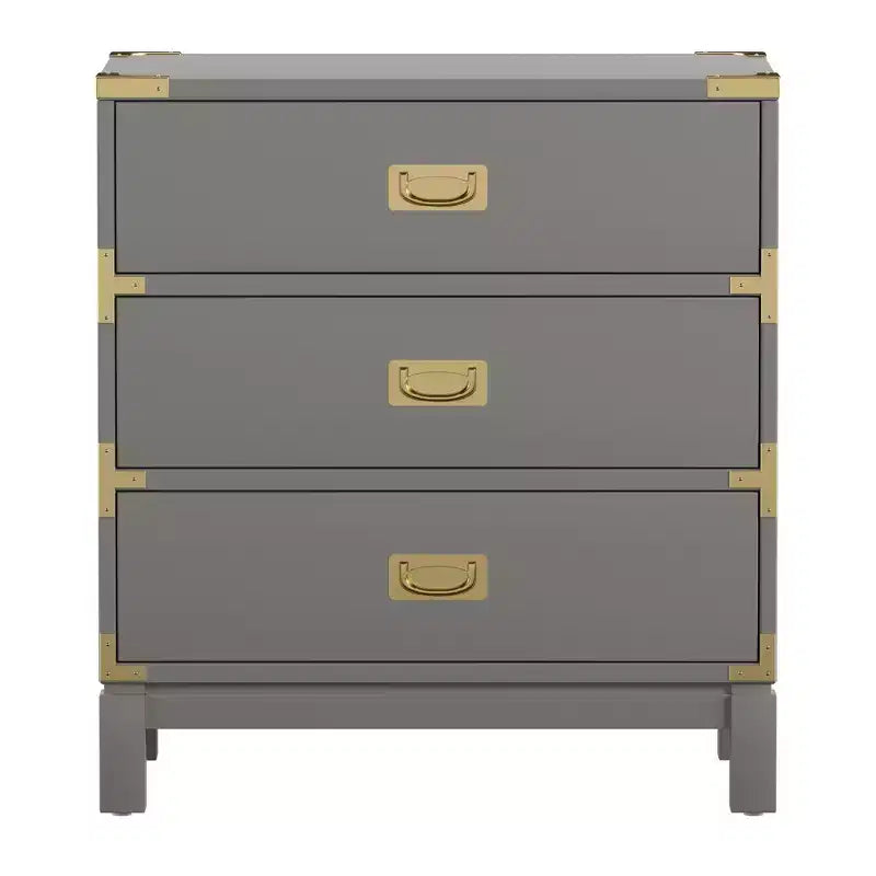 Table de chevet à 3 tiroirs Espresso/Gris/Blanc avec accents dorés