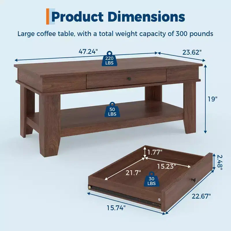 Table basse rectangulaire en bois clair/noir/brun avec tiroir et étagère ouverte, 1 pièce, pour 2 à 4 personnes