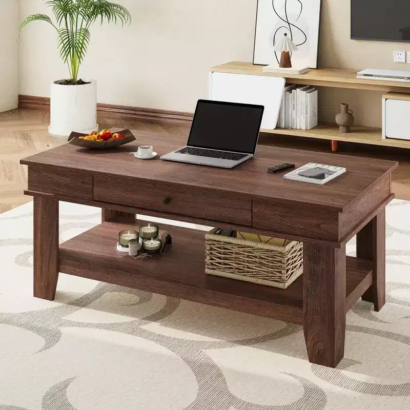 Table basse rectangulaire en bois clair/noir/brun avec tiroir et étagère ouverte, 1 pièce, pour 2 à 4 personnes
