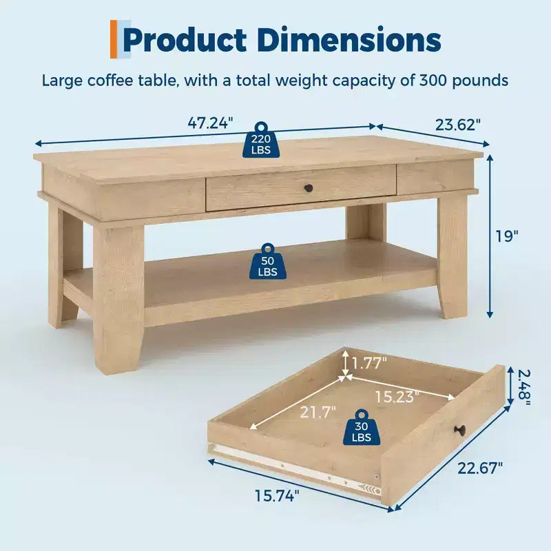 Table basse rectangulaire en bois clair/noir/brun avec tiroir et étagère ouverte, 1 pièce, pour 2 à 4 personnes