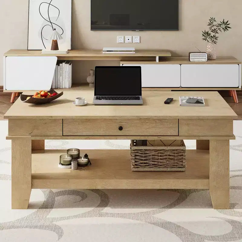 Table basse rectangulaire en bois clair/noir/brun avec tiroir et étagère ouverte, 1 pièce, pour 2 à 4 personnes