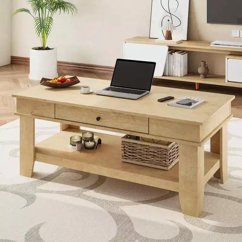 Table basse rectangulaire en bois clair/noir/brun avec tiroir et étagère ouverte, 1 pièce, pour 2 à 4 personnes