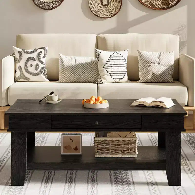 Table basse rectangulaire en bois clair/noir/brun avec tiroir et étagère ouverte, 1 pièce, pour 2 à 4 personnes