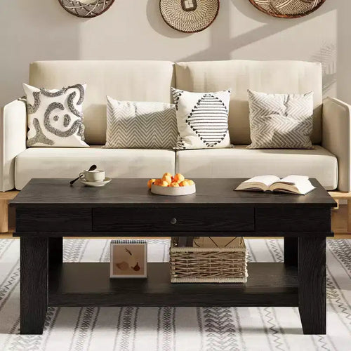 Table basse rectangulaire en bois clair/noir/brun avec tiroir et étagère ouverte, 1 pièce, pour 2 à 4 personnes
