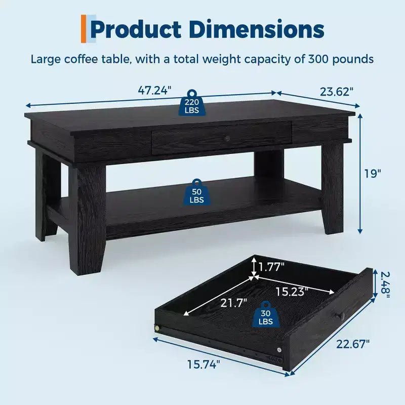 Table basse rectangulaire en bois clair/noir/brun avec tiroir et étagère ouverte, 1 pièce, pour 2 à 4 personnes