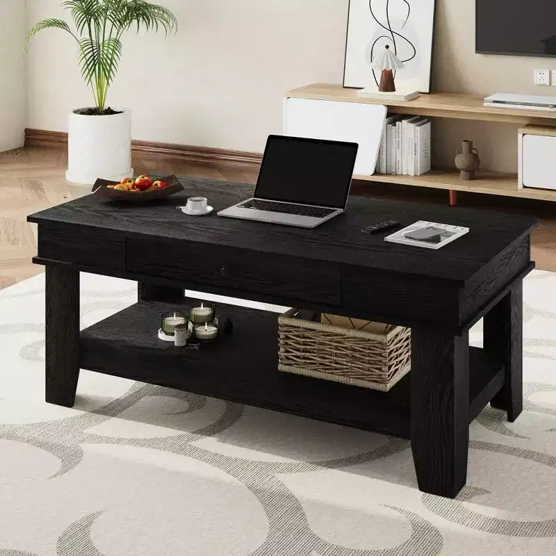 Table basse rectangulaire en bois clair/noir/brun avec tiroir et étagère ouverte, 1 pièce, pour 2 à 4 personnes