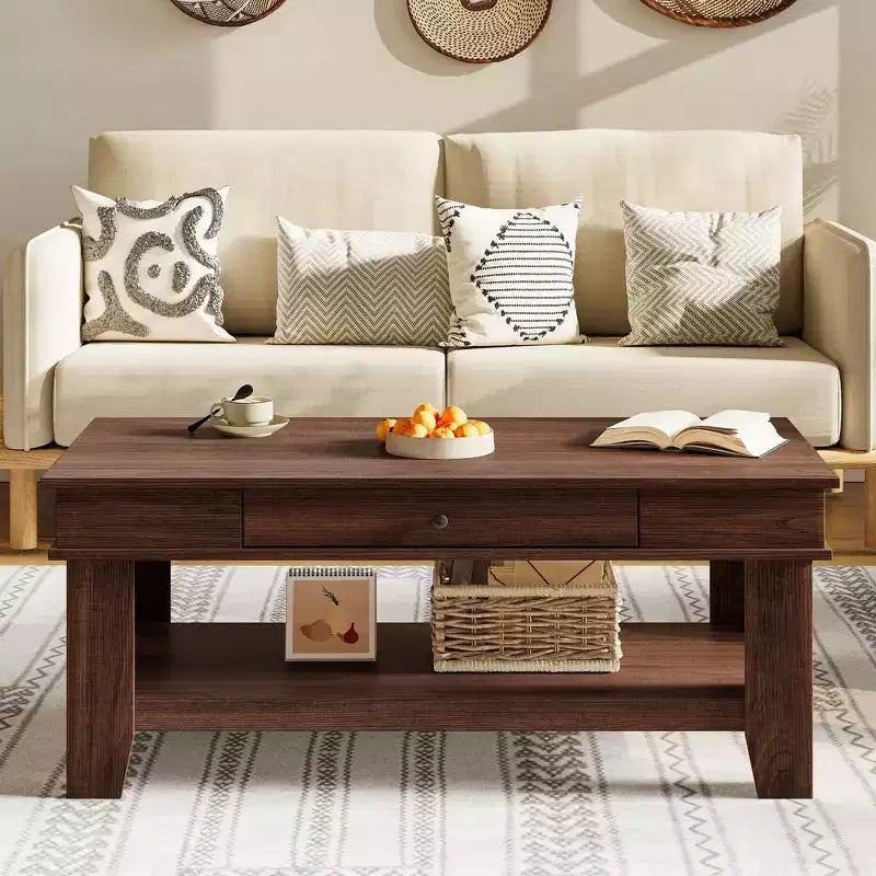 Table basse rectangulaire en bois clair/noir/brun avec tiroir et étagère ouverte, 1 pièce, pour 2 à 4 personnes