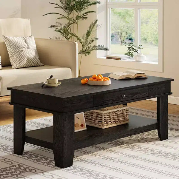 Table basse rectangulaire en bois clair/noir/brun avec tiroir et étagère ouverte, 1 pièce, pour 2 à 4 personnes