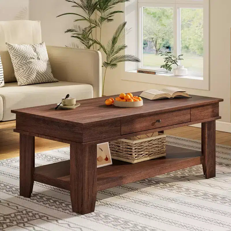 Table basse rectangulaire en bois clair/noir/brun avec tiroir et étagère ouverte, 1 pièce, pour 2 à 4 personnes