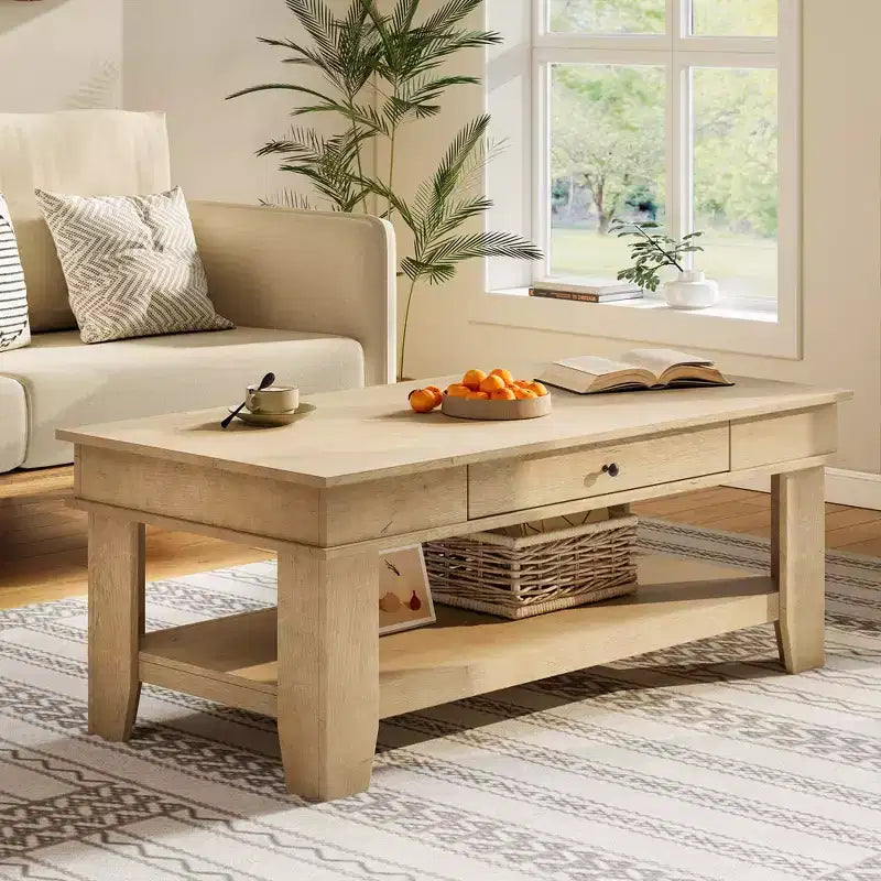 Table basse rectangulaire en bois clair/noir/brun avec tiroir et étagère ouverte, 1 pièce, pour 2 à 4 personnes