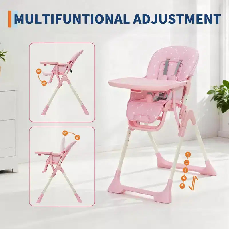 Chaise haute pliante bleue / grise / rose pour 1 – Hauteur réglable et plateau amovible