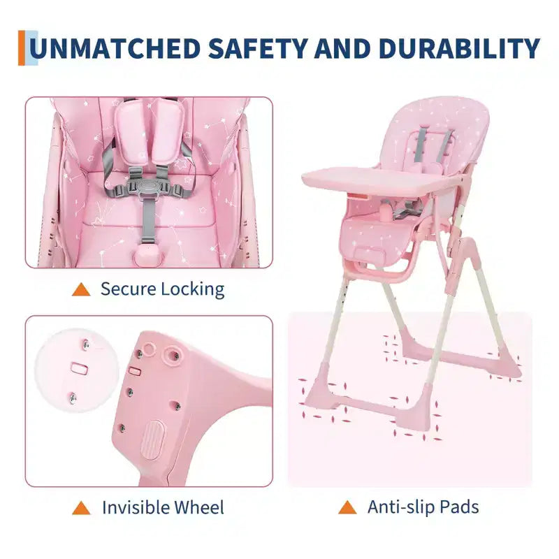 Chaise haute pliante bleue / grise / rose pour 1 – Hauteur réglable et plateau amovible