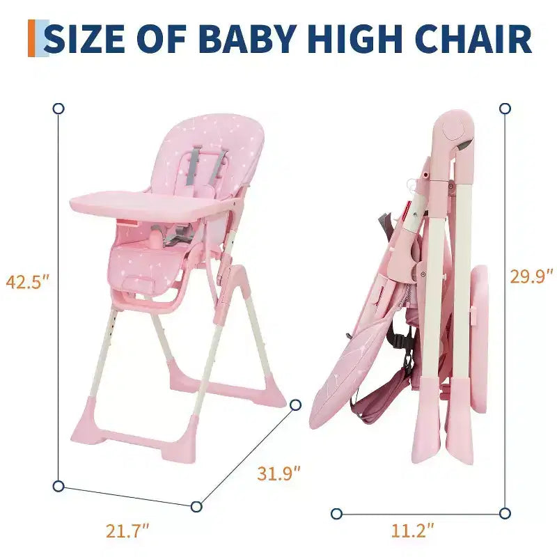 Chaise haute pliante bleue / grise / rose pour 1 – Hauteur réglable et plateau amovible