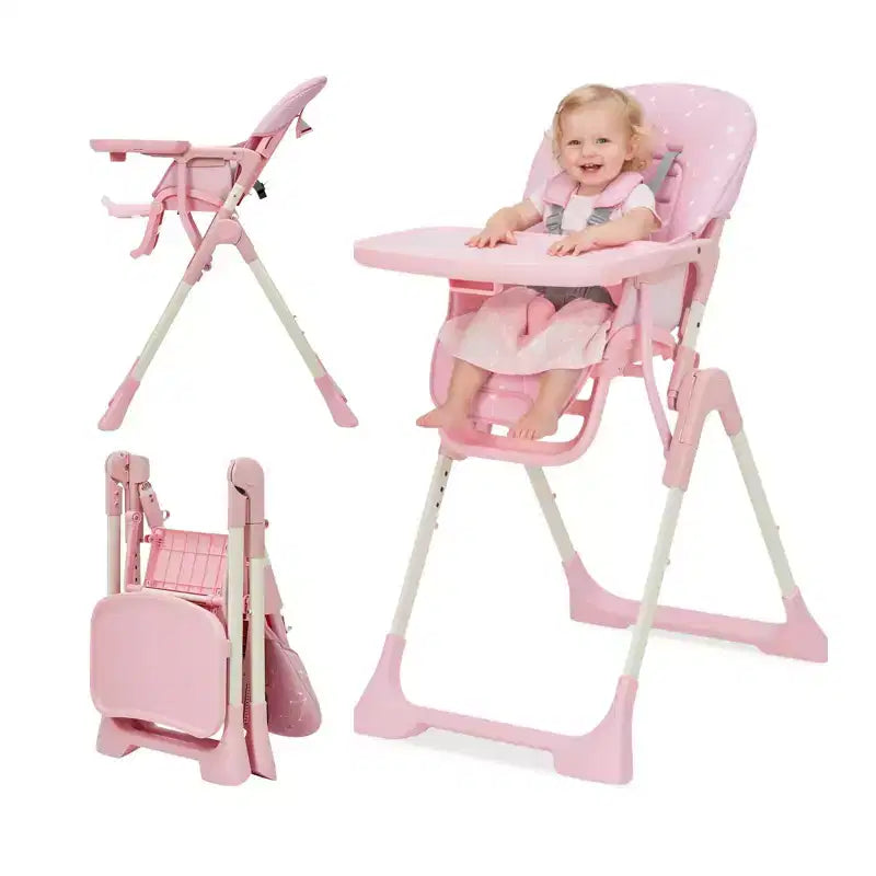 Chaise haute pliante bleue / grise / rose pour 1 – Hauteur réglable et plateau amovible