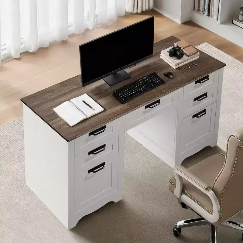 Bureau de direction campagnard blanc et noyer, 1 personne, 152 cm