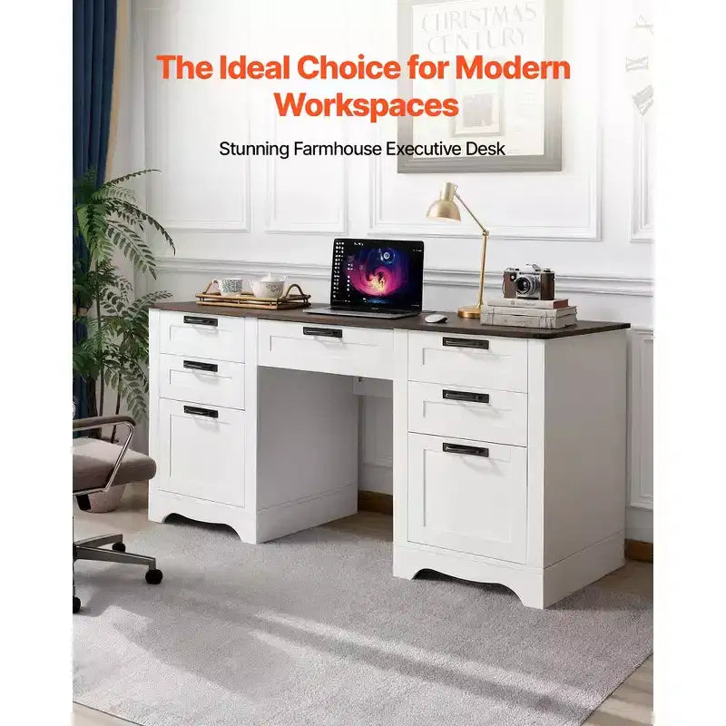 Bureau de direction campagnard blanc et noyer, 1 personne, 152 cm