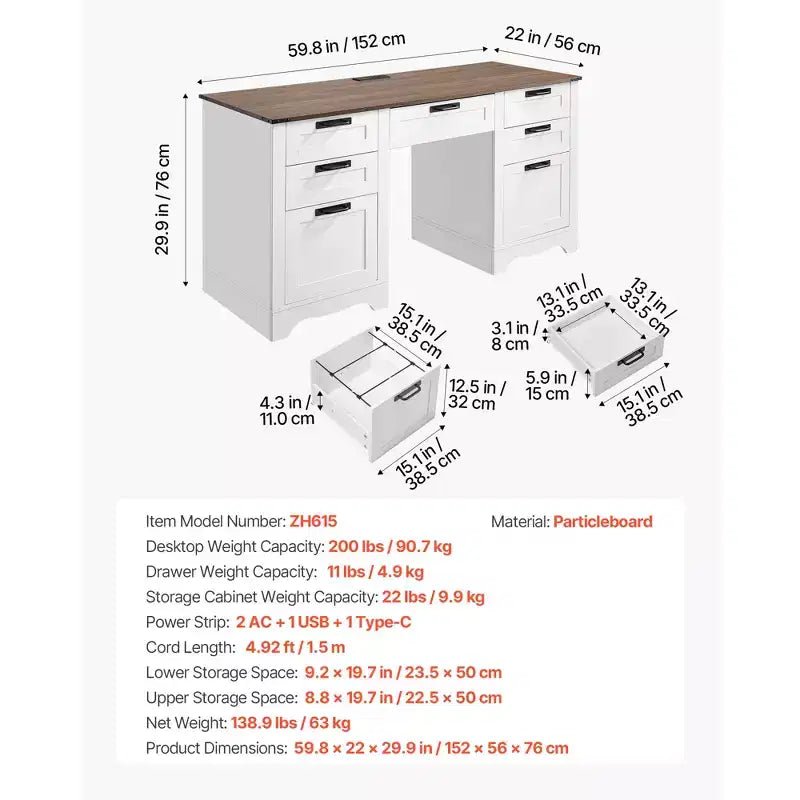 Bureau de direction campagnard blanc et noyer, 1 personne, 152 cm