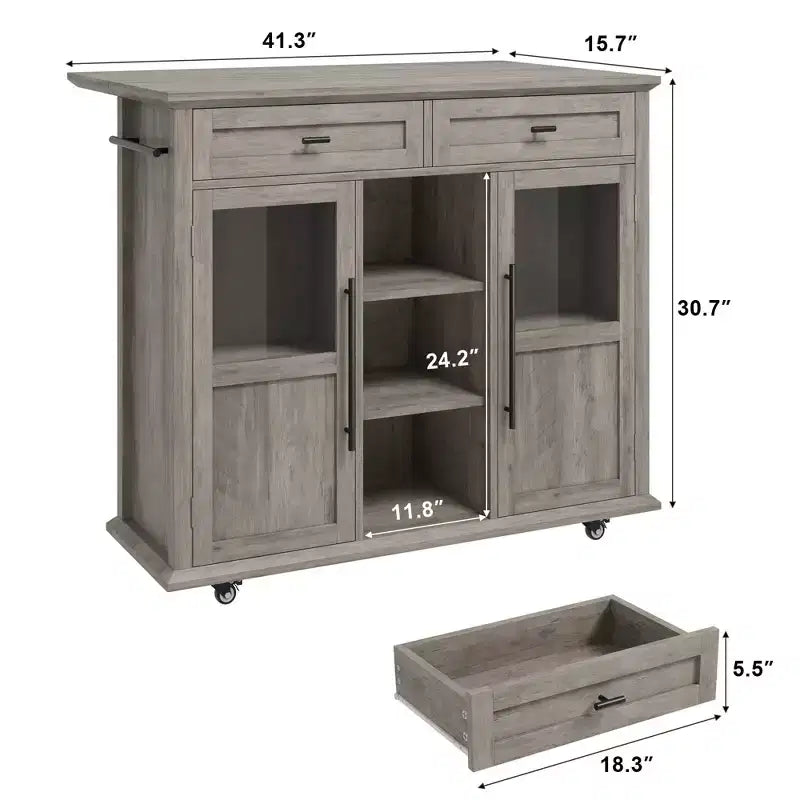 Îlot de cuisine roulant noir/gris/blanc avec abattant, meuble de rangement mobile à 2 tiroirs