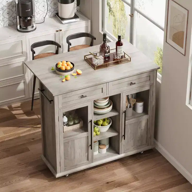 Îlot de cuisine roulant noir/gris/blanc avec abattant, meuble de rangement mobile à 2 tiroirs