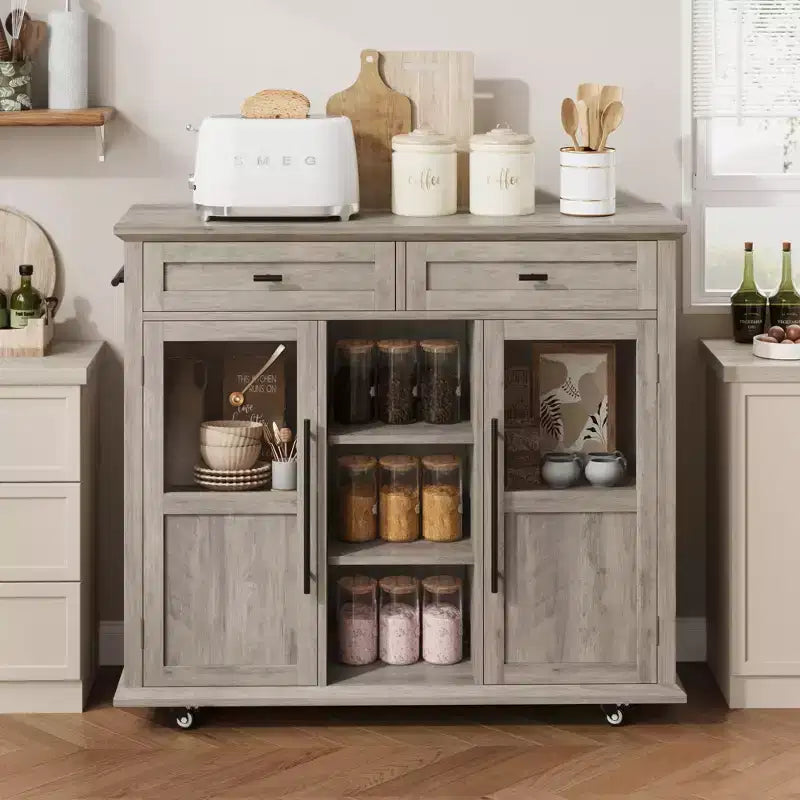 Îlot de cuisine roulant noir/gris/blanc avec abattant, meuble de rangement mobile à 2 tiroirs
