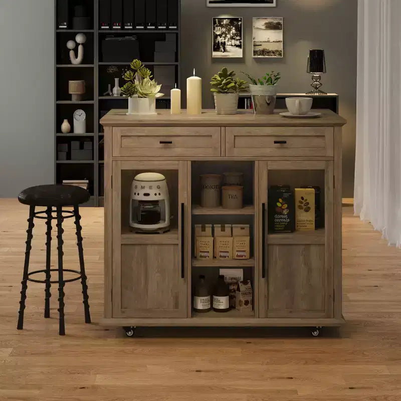 Îlot de cuisine roulant noir/gris/blanc avec abattant, meuble de rangement mobile à 2 tiroirs
