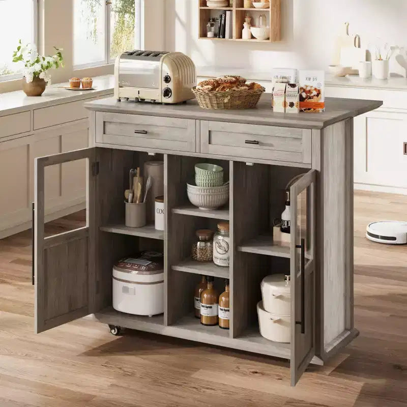 Îlot de cuisine roulant noir/gris/blanc avec abattant, meuble de rangement mobile à 2 tiroirs