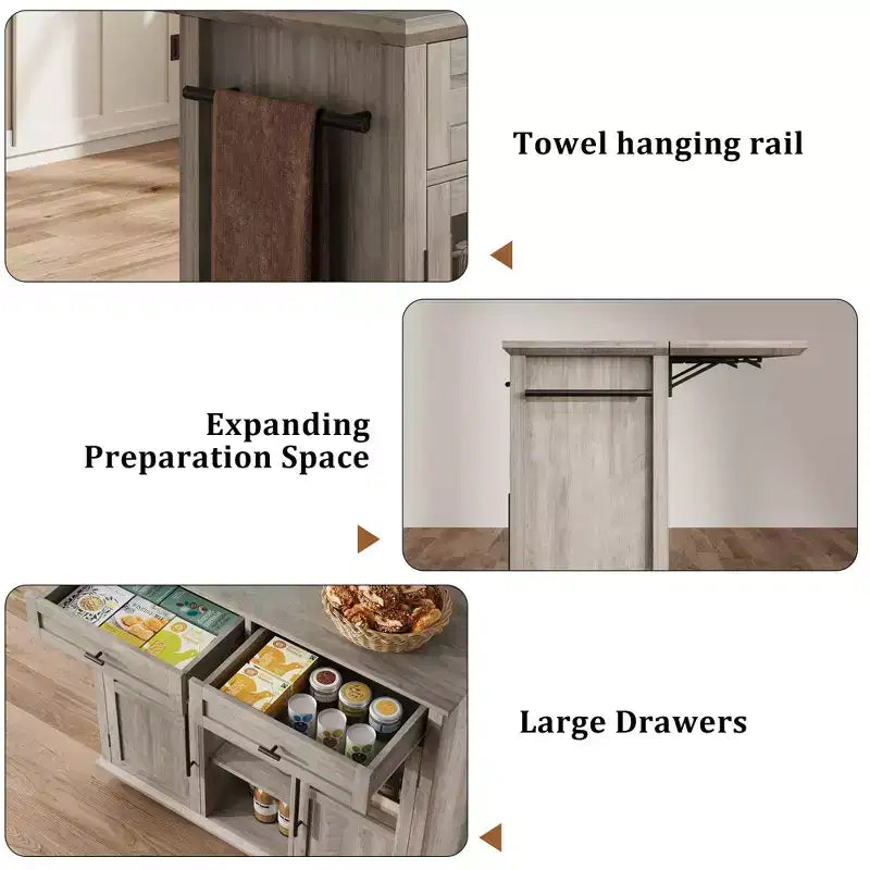 Îlot de cuisine roulant noir/gris/blanc avec abattant, meuble de rangement mobile à 2 tiroirs