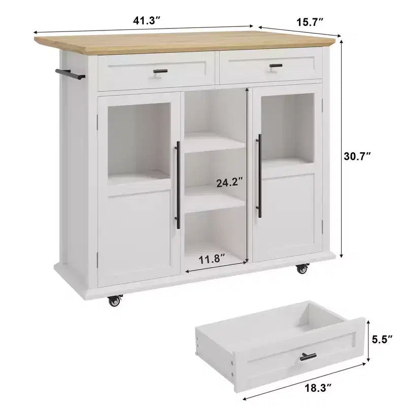 Îlot de cuisine roulant noir/gris/blanc avec abattant, meuble de rangement mobile à 2 tiroirs