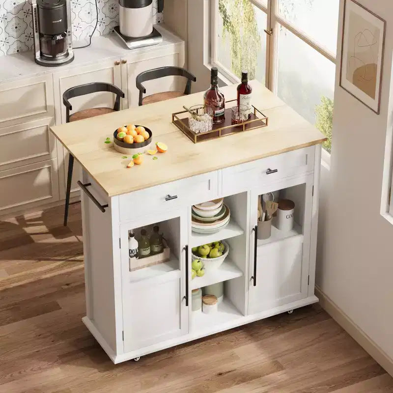 Îlot de cuisine roulant noir/gris/blanc avec abattant, meuble de rangement mobile à 2 tiroirs