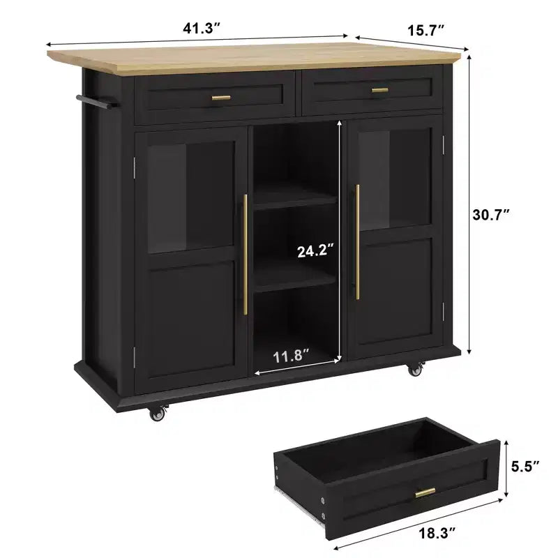 Îlot de cuisine roulant noir/gris/blanc avec abattant, meuble de rangement mobile à 2 tiroirs