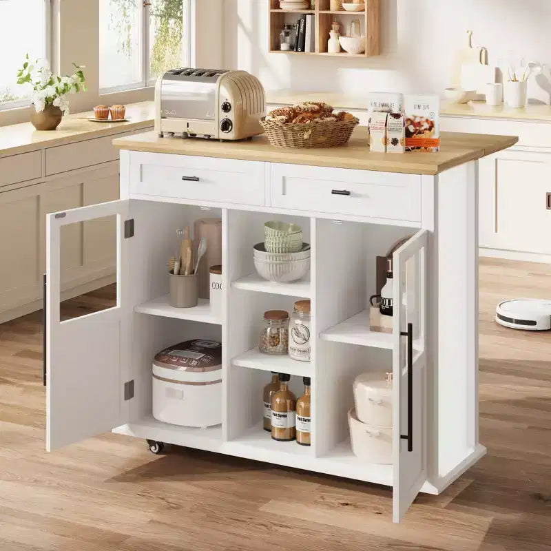 Îlot de cuisine roulant noir/gris/blanc avec abattant, meuble de rangement mobile à 2 tiroirs