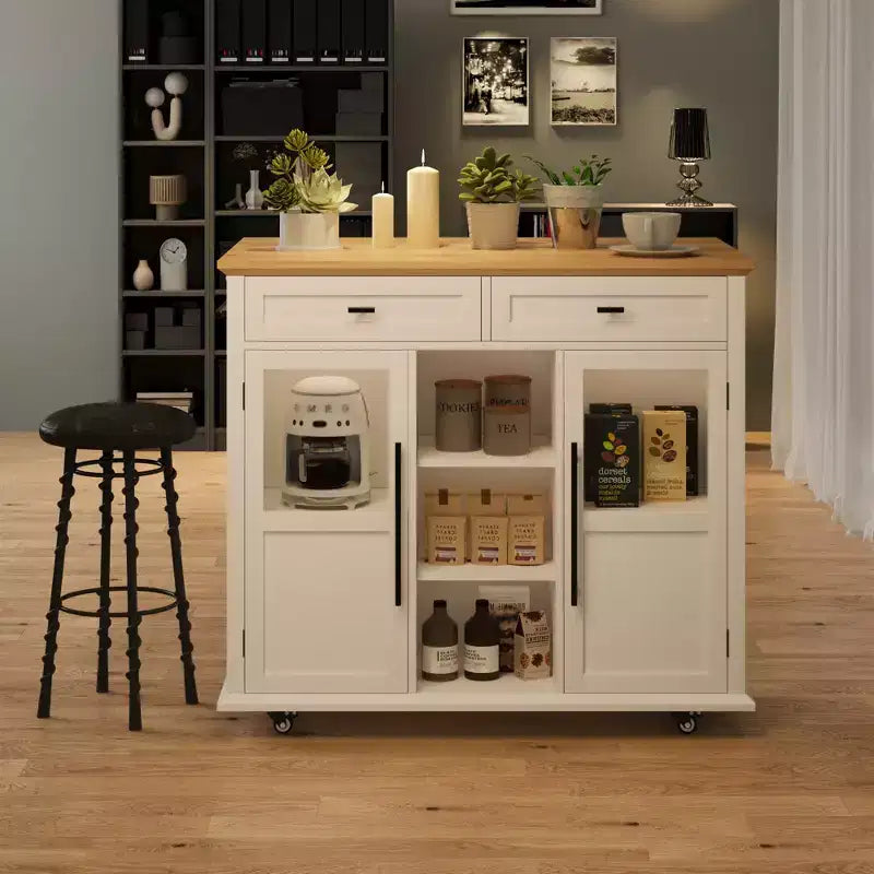 Îlot de cuisine roulant noir/gris/blanc avec abattant, meuble de rangement mobile à 2 tiroirs