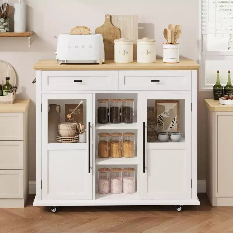 Îlot de cuisine roulant noir/gris/blanc avec abattant, meuble de rangement mobile à 2 tiroirs