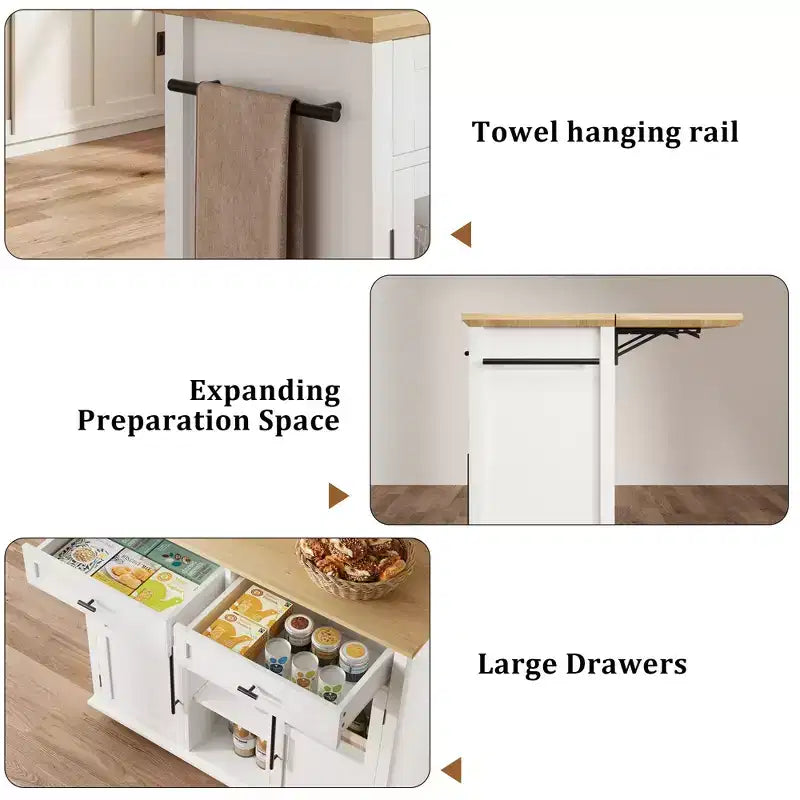 Îlot de cuisine roulant noir/gris/blanc avec abattant, meuble de rangement mobile à 2 tiroirs