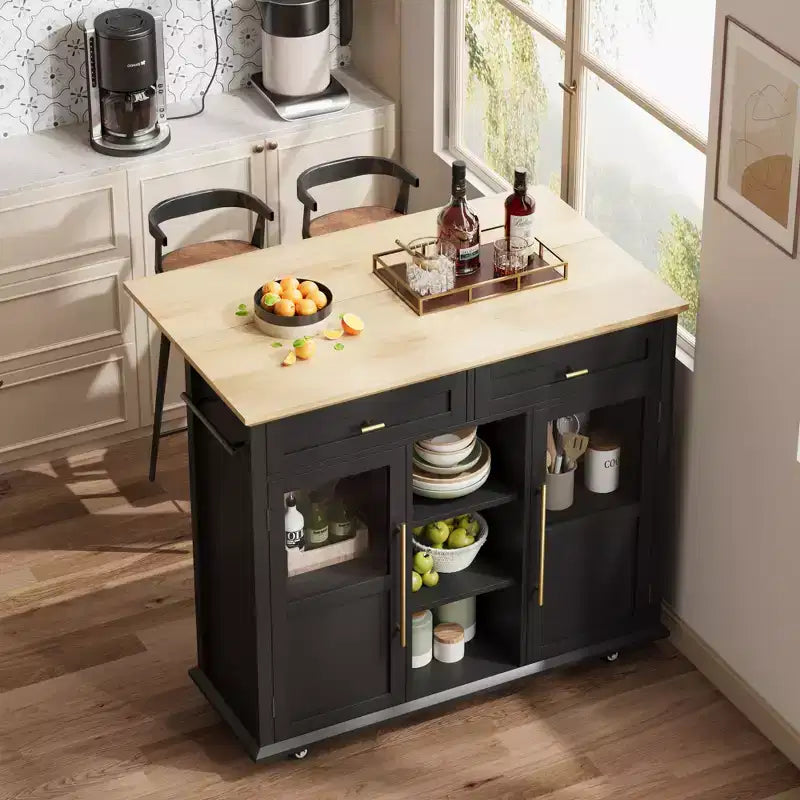 Îlot de cuisine roulant noir/gris/blanc avec abattant, meuble de rangement mobile à 2 tiroirs
