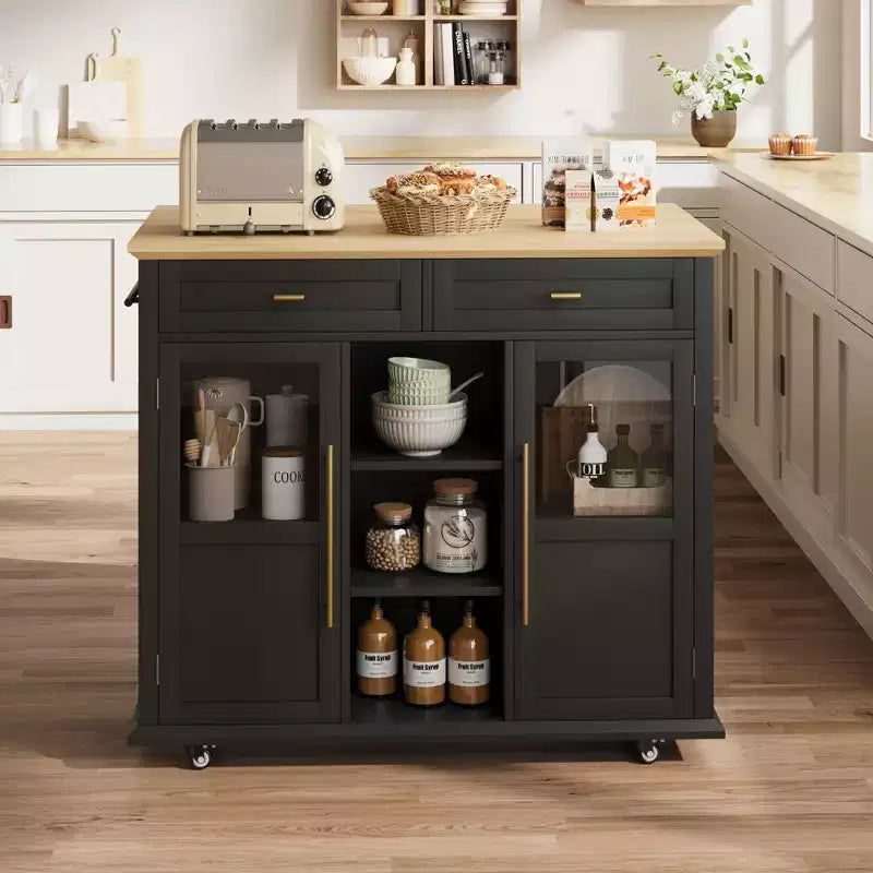 Îlot de cuisine roulant noir/gris/blanc avec abattant, meuble de rangement mobile à 2 tiroirs