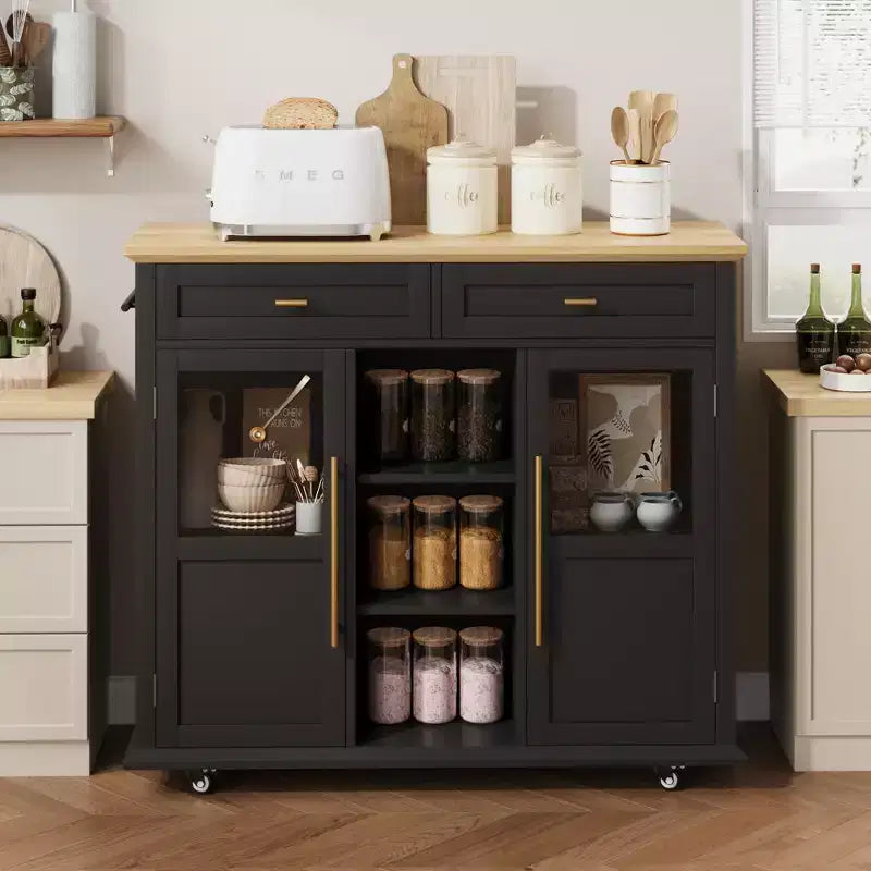 Îlot de cuisine roulant noir/gris/blanc avec abattant, meuble de rangement mobile à 2 tiroirs