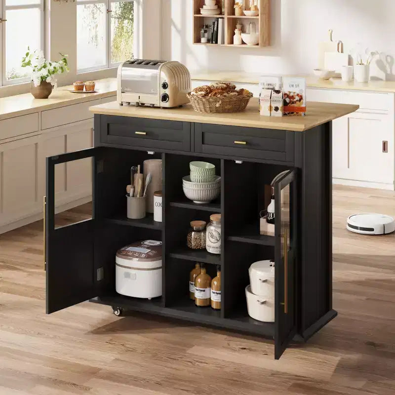 Îlot de cuisine roulant noir/gris/blanc avec abattant, meuble de rangement mobile à 2 tiroirs