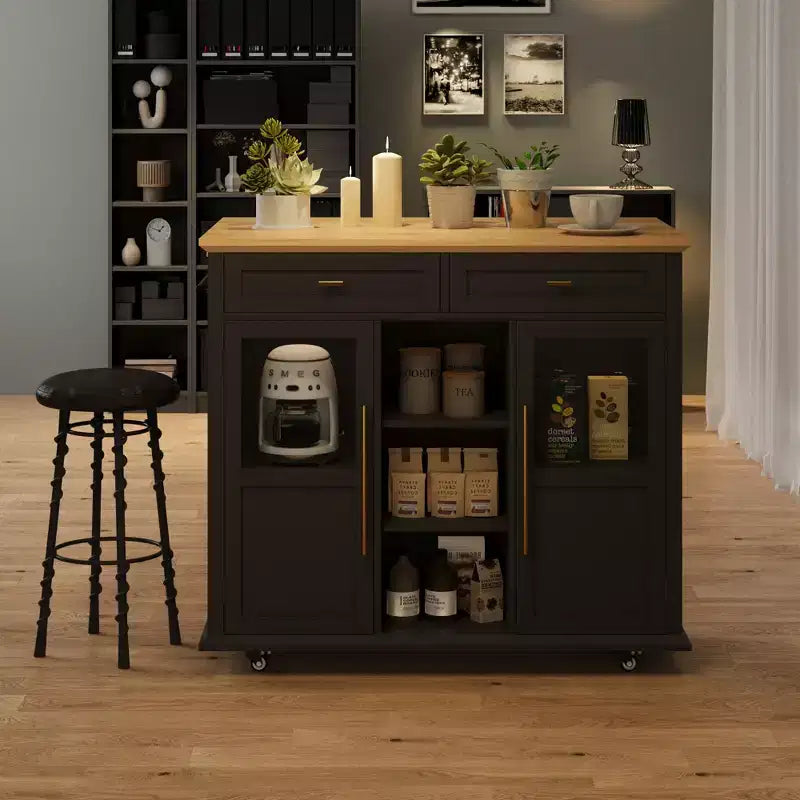 Îlot de cuisine roulant noir/gris/blanc avec abattant, meuble de rangement mobile à 2 tiroirs