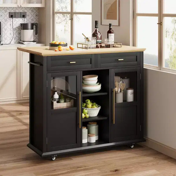 Îlot de cuisine roulant noir/gris/blanc avec abattant, meuble de rangement mobile à 2 tiroirs