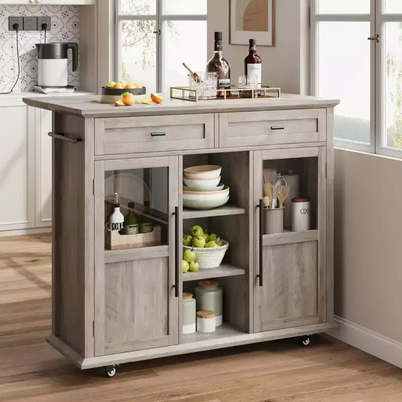 Îlot de cuisine roulant noir/gris/blanc avec abattant, meuble de rangement mobile à 2 tiroirs