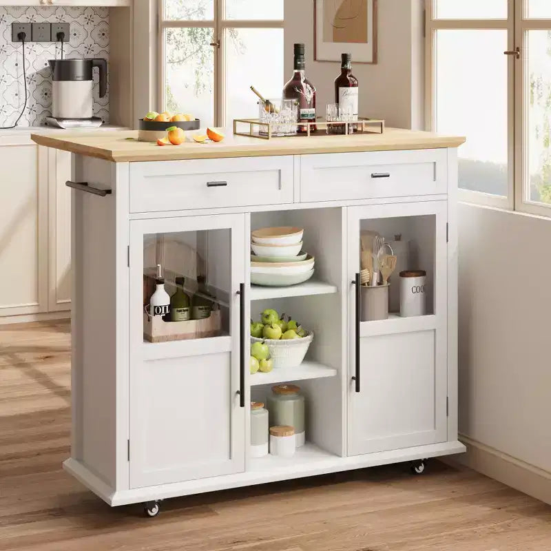 Îlot de cuisine roulant noir/gris/blanc avec abattant, meuble de rangement mobile à 2 tiroirs