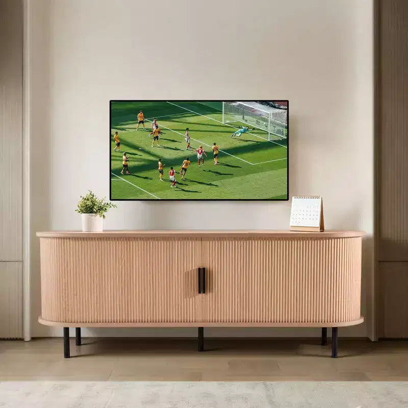Meuble TV boho en bois naturel pour téléviseurs de 55 à 65 pouces, rangement à 6 compartiments, pour 1 personne