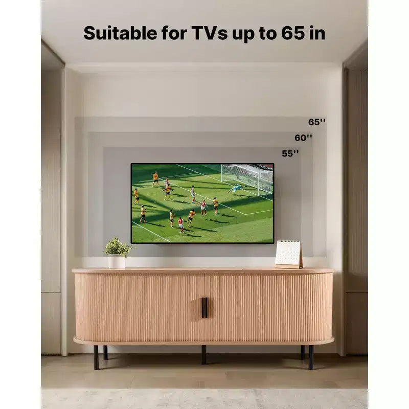 Meuble TV boho en bois naturel pour téléviseurs de 55 à 65 pouces, rangement à 6 compartiments, pour 1 personne
