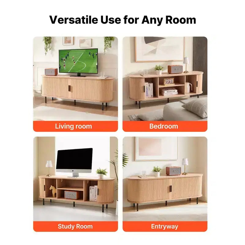 Meuble TV boho en bois naturel pour téléviseurs de 55 à 65 pouces, rangement à 6 compartiments, pour 1 personne