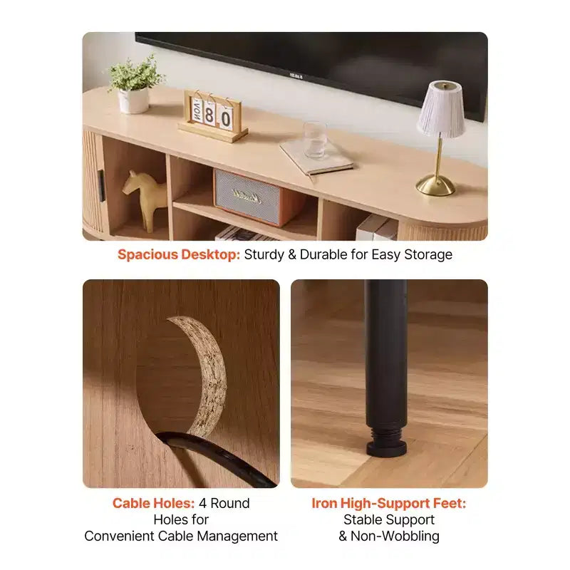 Meuble TV boho en bois naturel pour téléviseurs de 55 à 65 pouces, rangement à 6 compartiments, pour 1 personne
