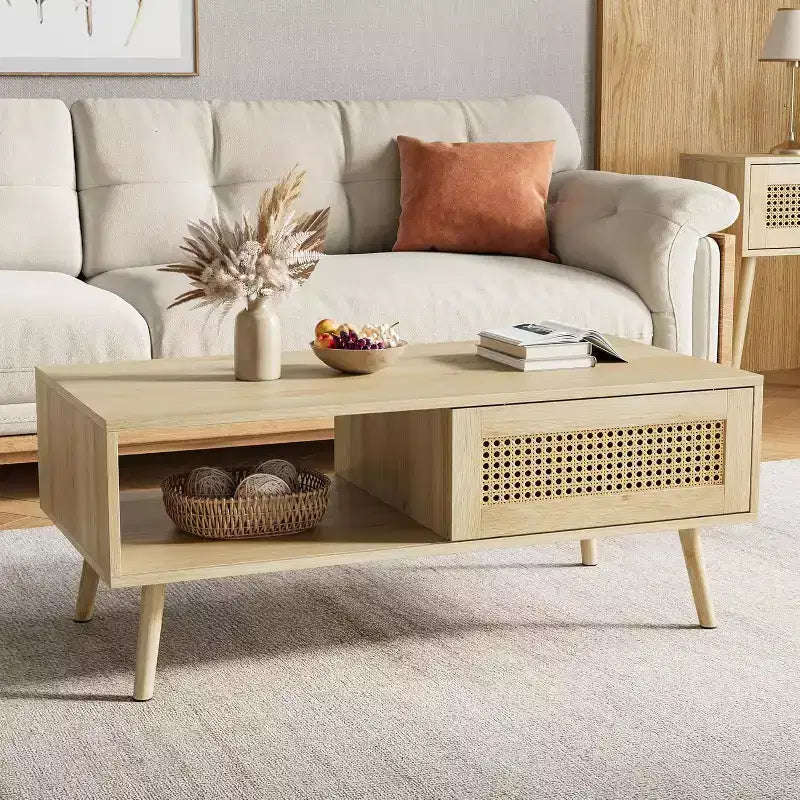 Table basse bohème en bois noir/chêne avec porte coulissante et étagère ouverte