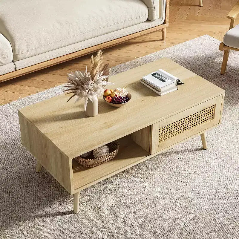 Table basse bohème en bois noir/chêne avec porte coulissante et étagère ouverte