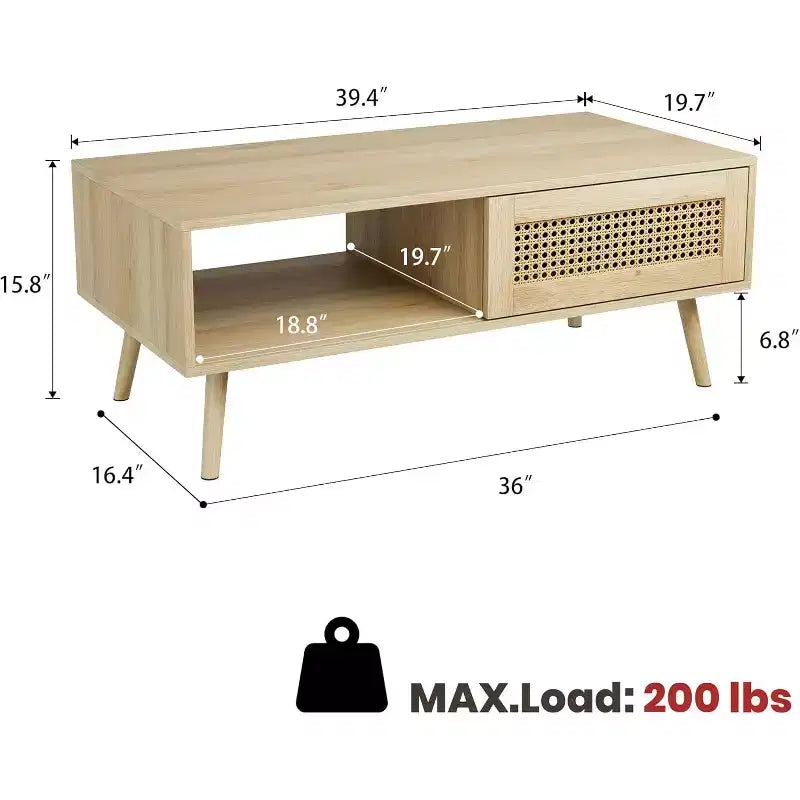 Table basse bohème en bois noir/chêne avec porte coulissante et étagère ouverte