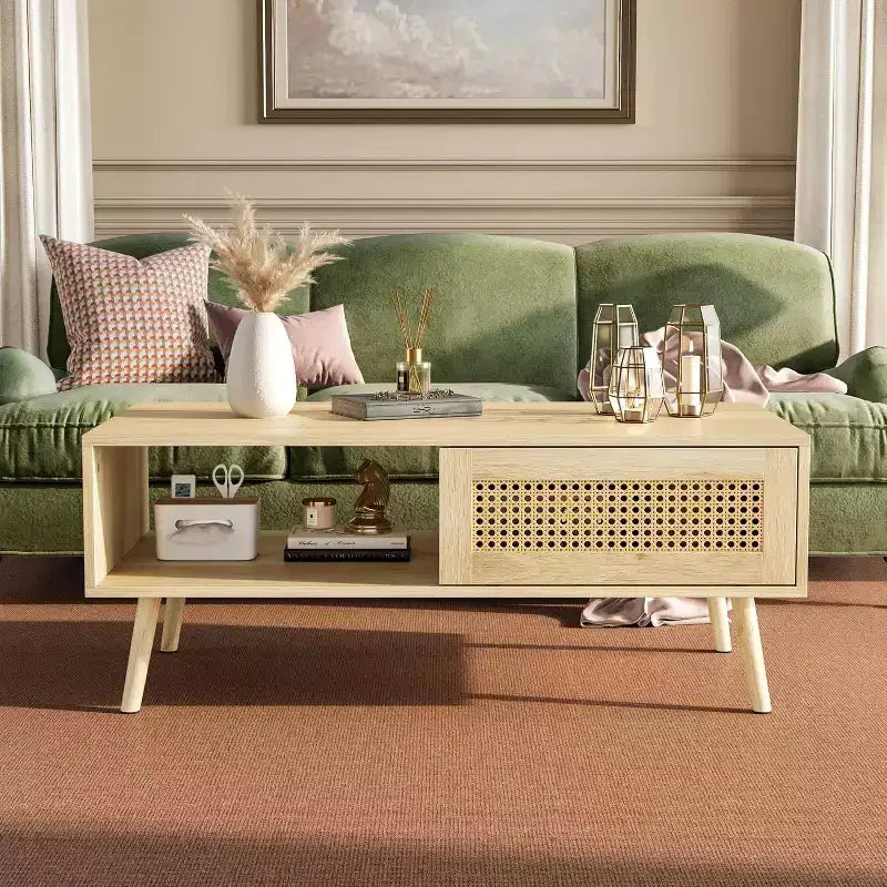 Table basse bohème en bois noir/chêne avec porte coulissante et étagère ouverte